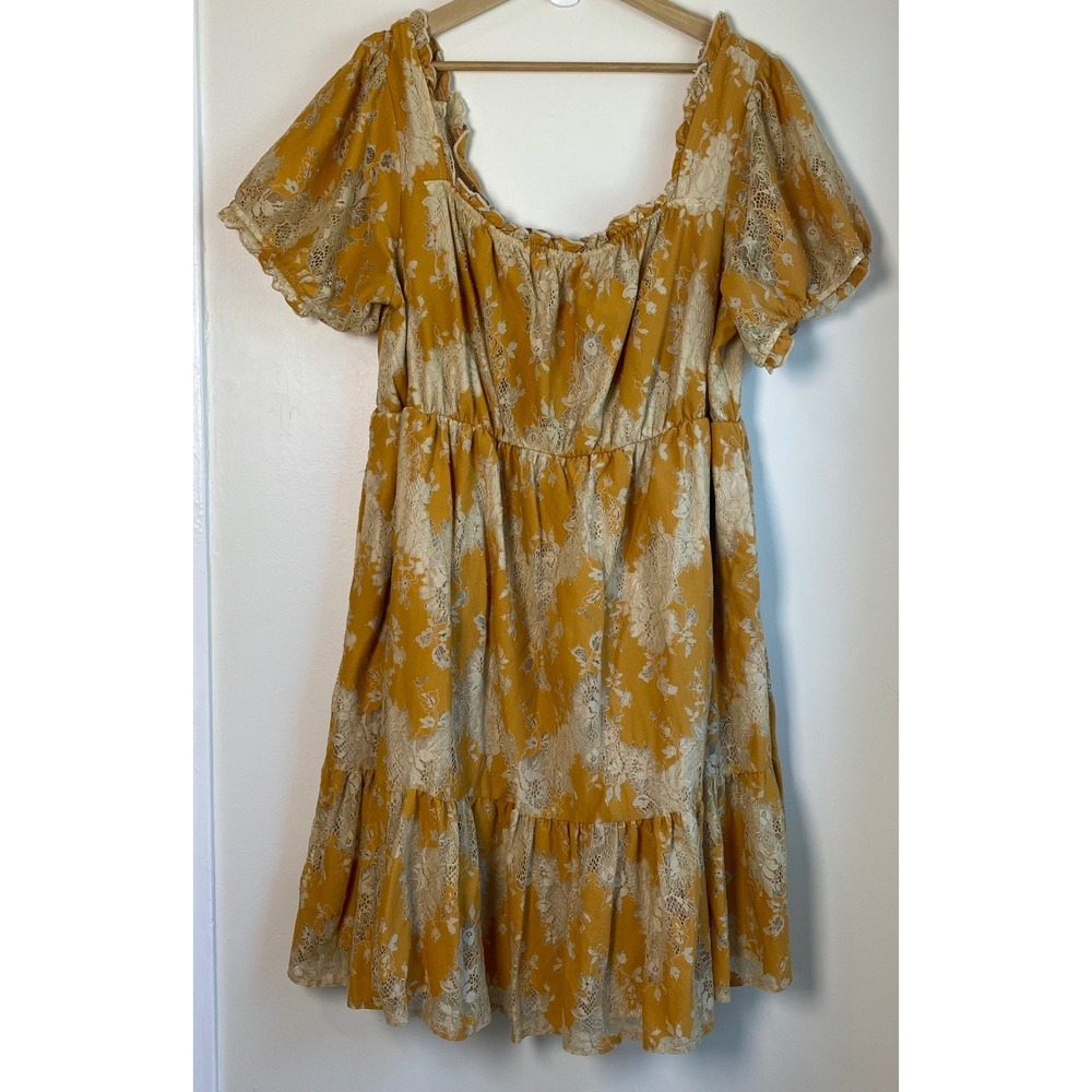 Torrid Lace Babydoll Dress Womens 2 Yellow Floral Short Sleeve Boho Cottagecore